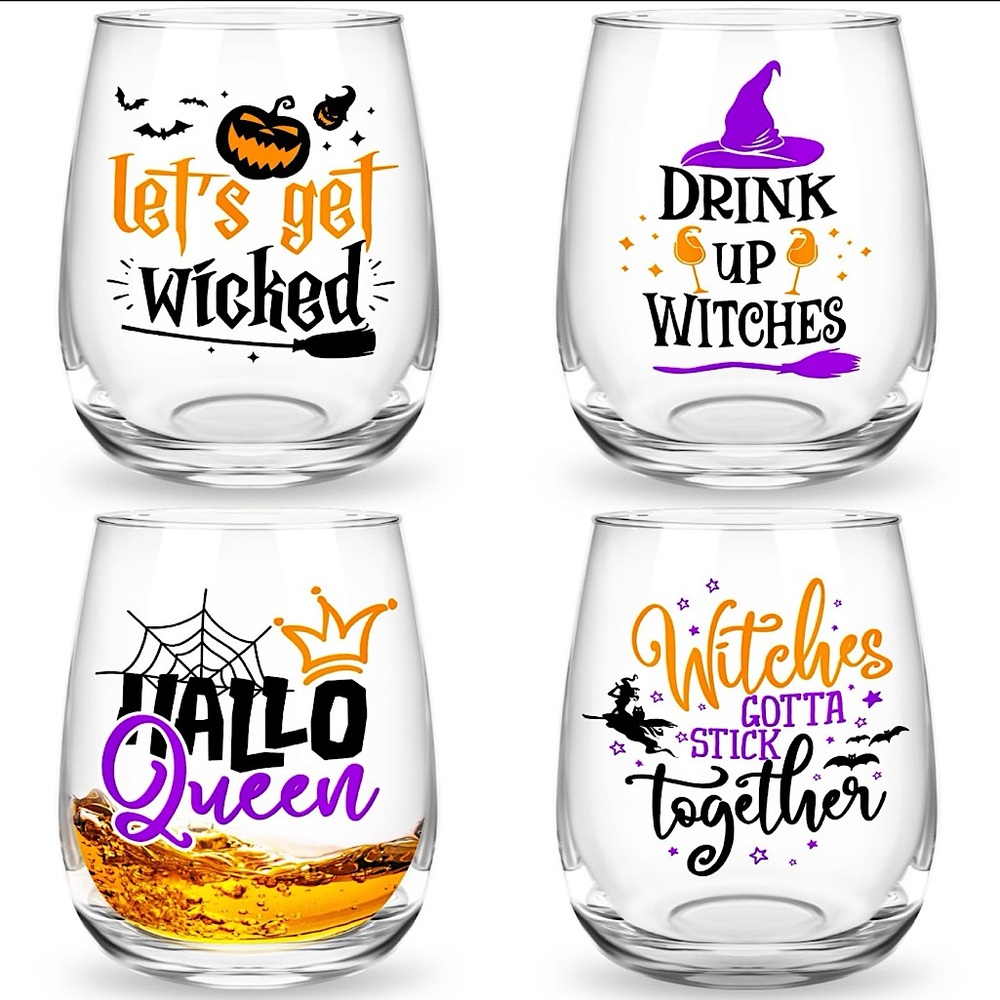NWT Set of 4 Funny 15oz Stemless Halloween Wine Glasses